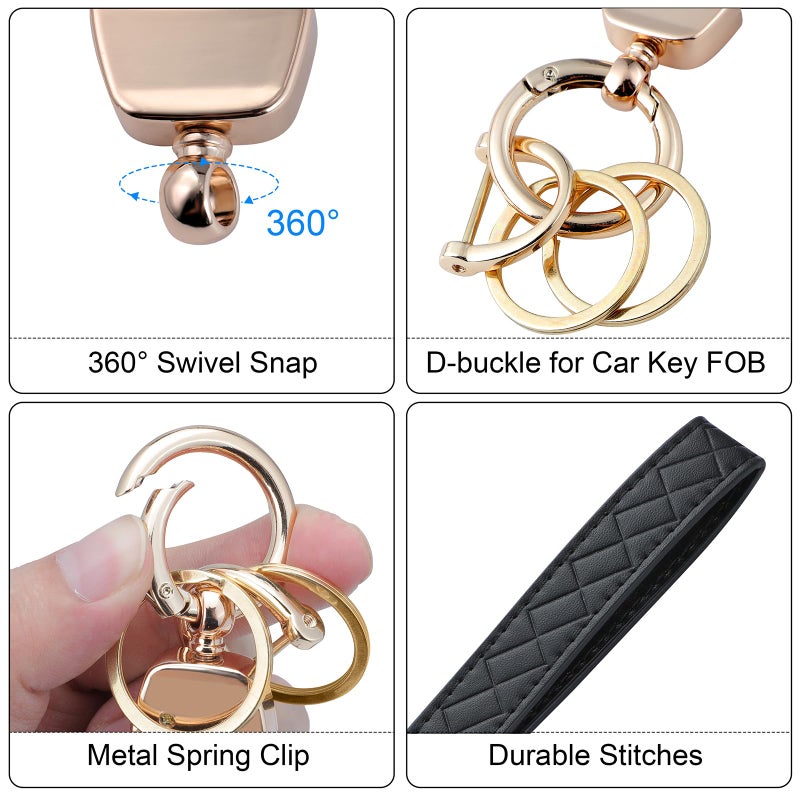 Weixiltc Leather Wristlet Keychain  Car Key Chain Holder with 2 Key Ring and Anti-Lost D Ring  Key Fob Wristband for Women (Black) - Image 3